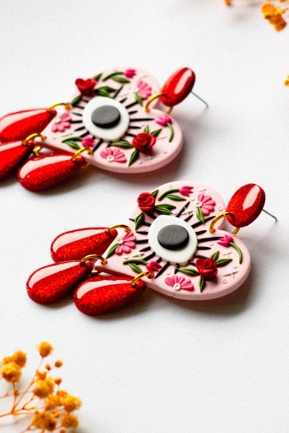 SLOW DAY STUDIOS Heart and Evil Eye Earrings - Red Glitter